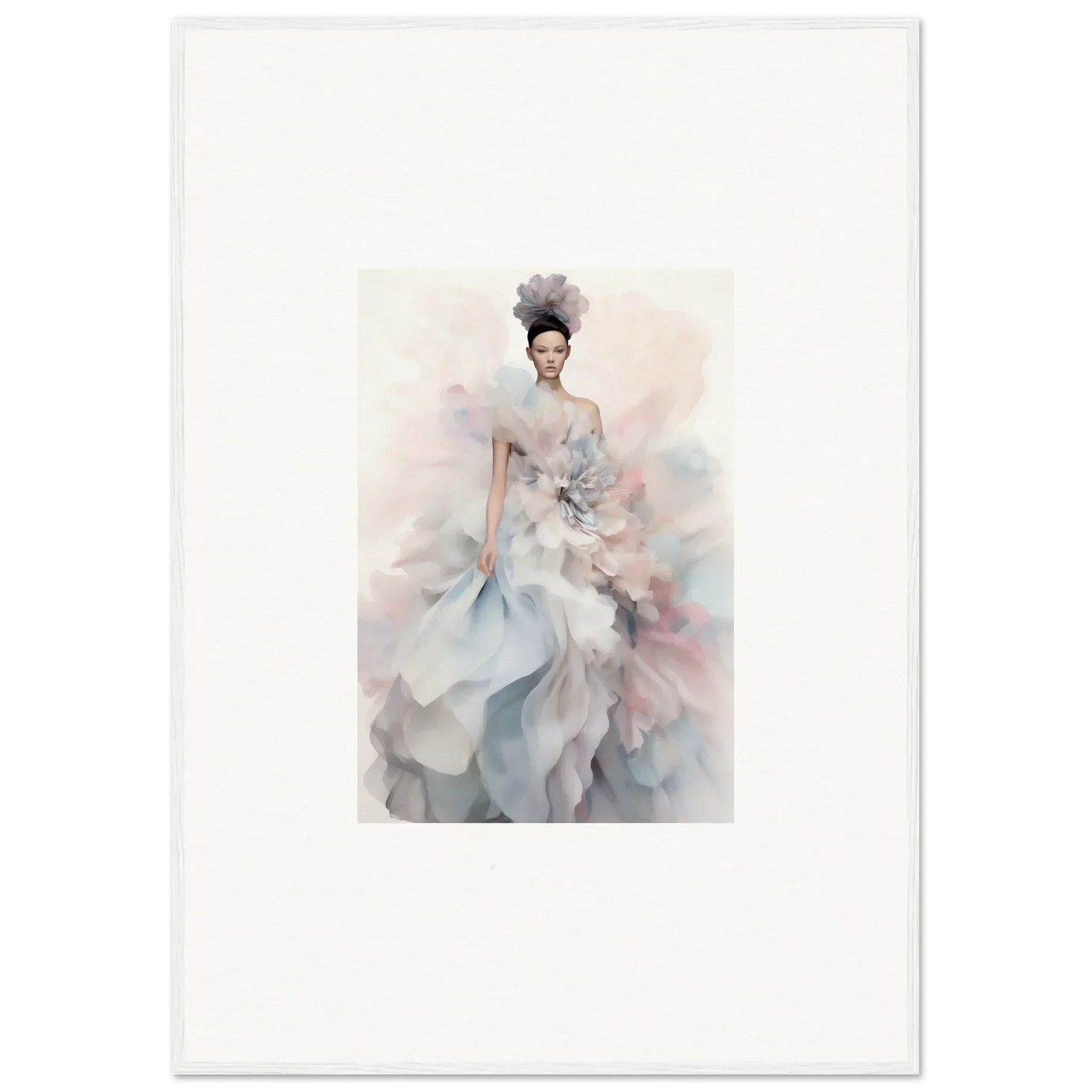 Ethereal watercolor fashion art of a gown in gray and blue for Ethereal Satin Interlude