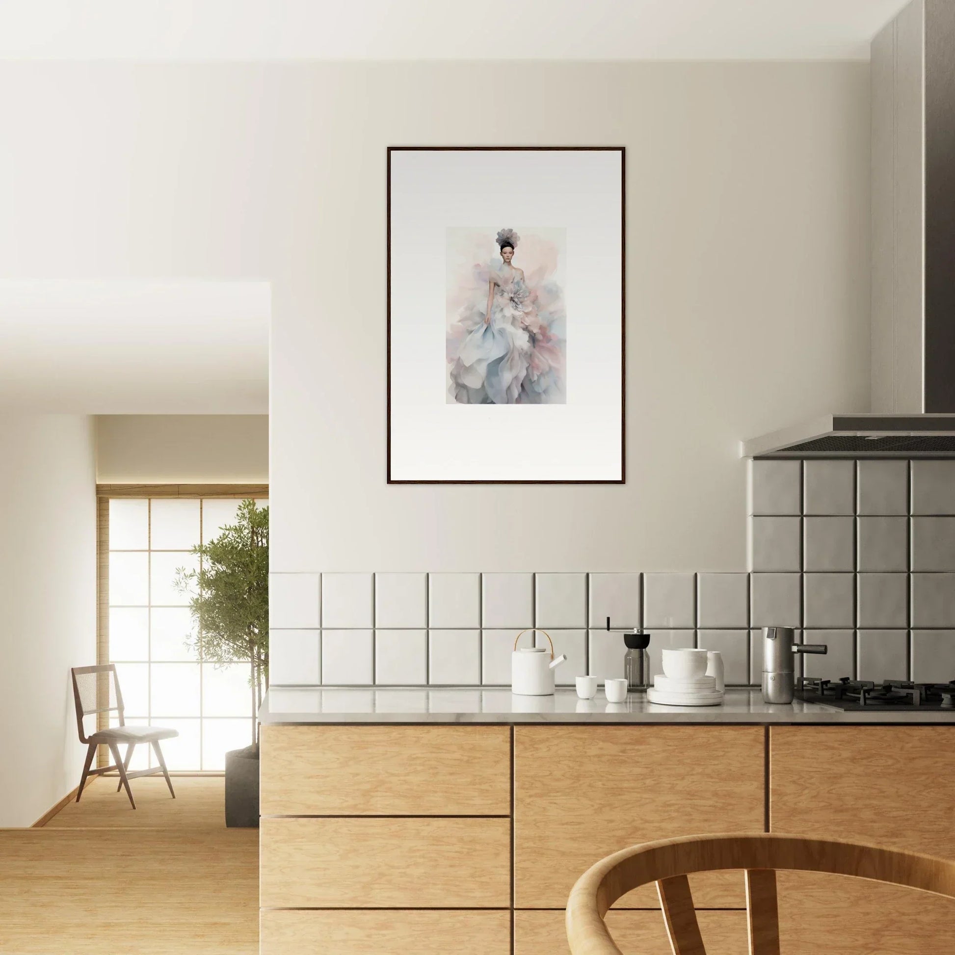 Modern kitchen featuring light wood cabinets and white tile backsplash, Ethereal Satin Interlude