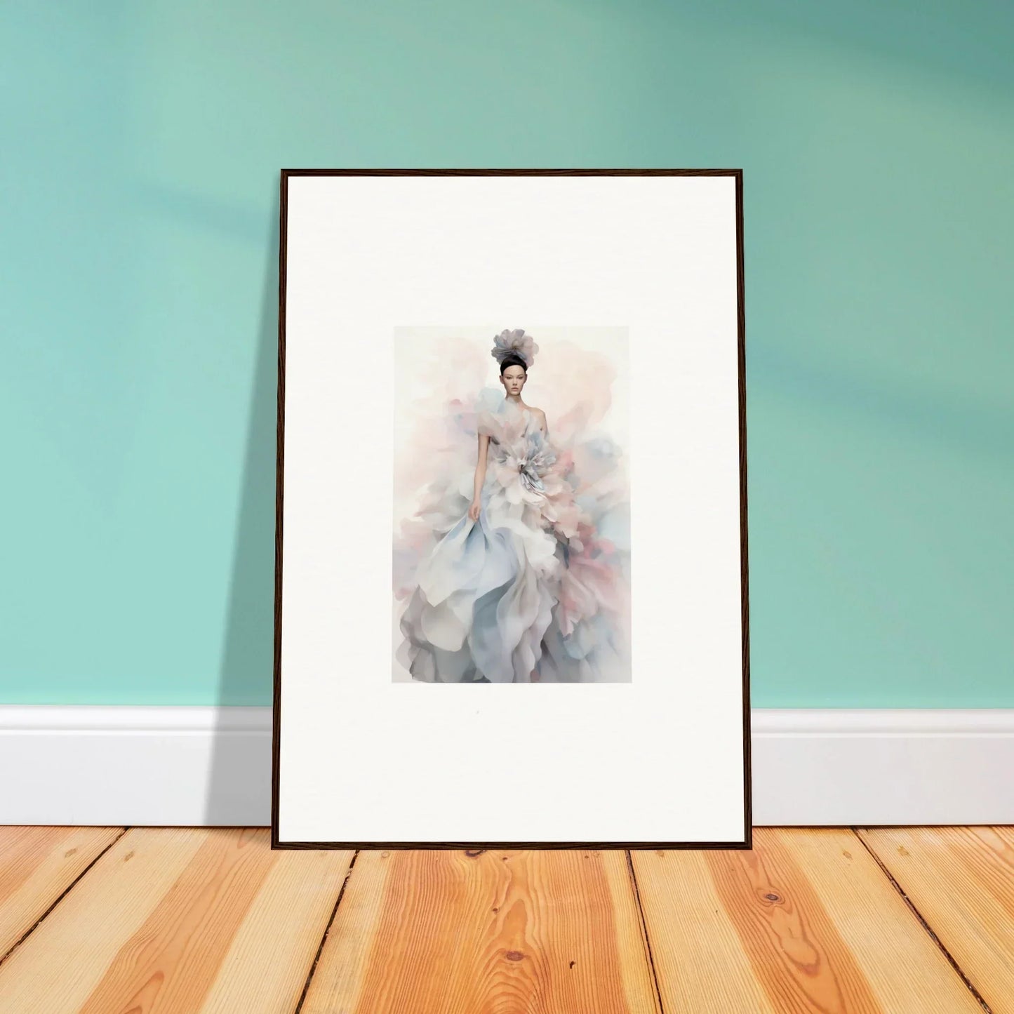 Framed watercolor art of a figure in a flowing dress, perfect for Ethereal Satin Interlude