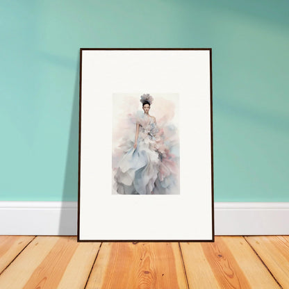 Framed watercolor art of a figure in a flowing dress, perfect for Ethereal Satin Interlude