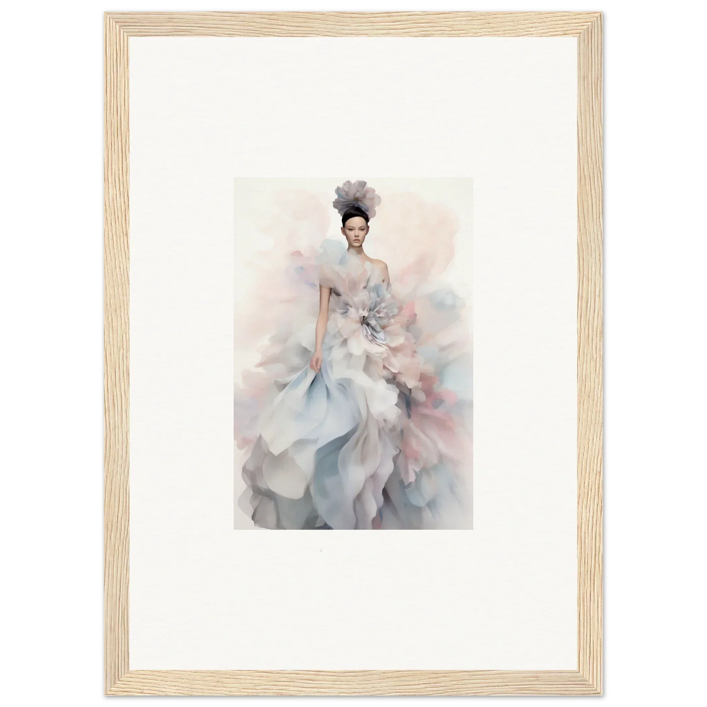 Ethereal Satin Interlude art featuring soft grays and pinks in flowing gown illustration