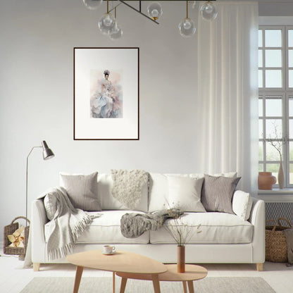 Cozy White Sofa with Gray and Cream Pillows in Ethereal Satin Interlude décor