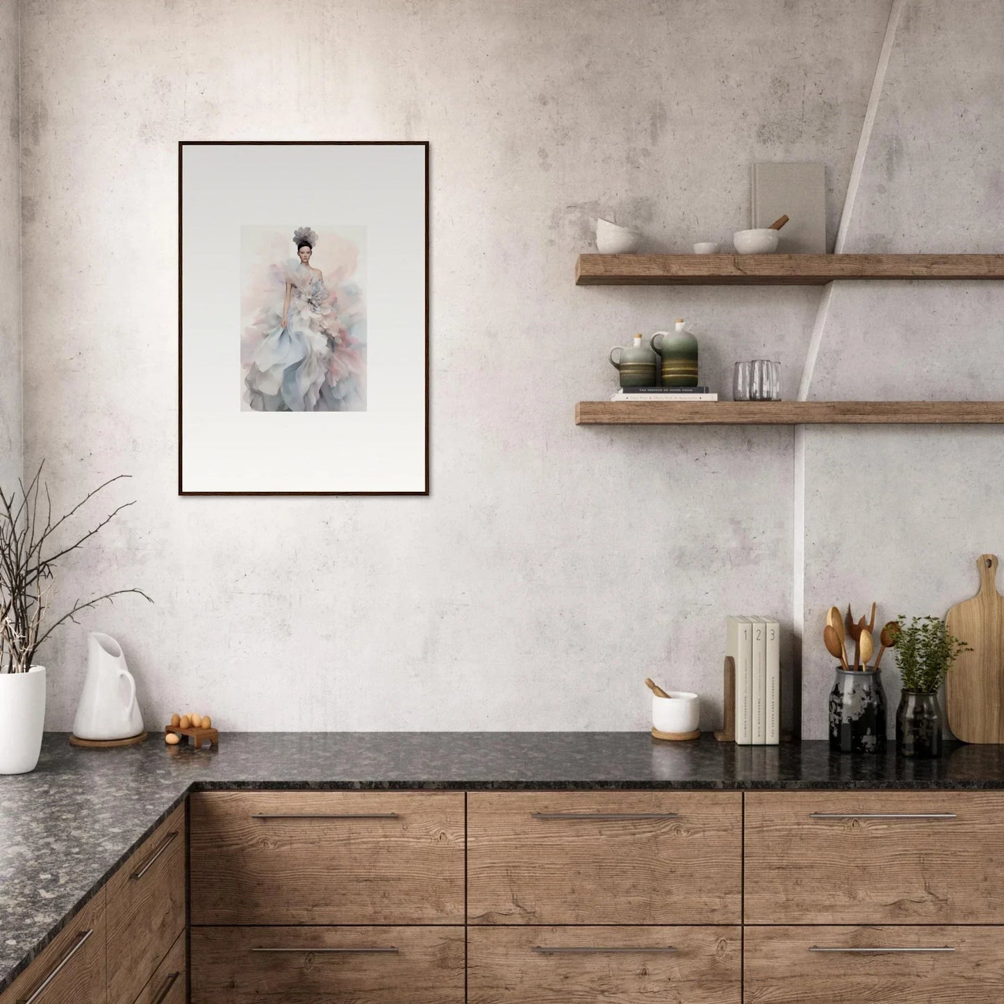 Modern kitchen with wooden cabinets and dark stone counters featuring Ethereal Satin Interlude