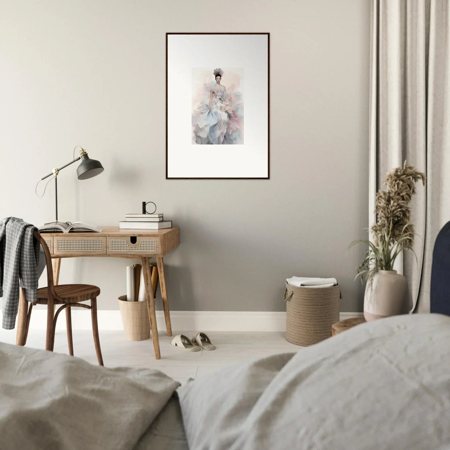 Cozy bedroom workspace featuring Ethereal Satin Interlude and framed wall art