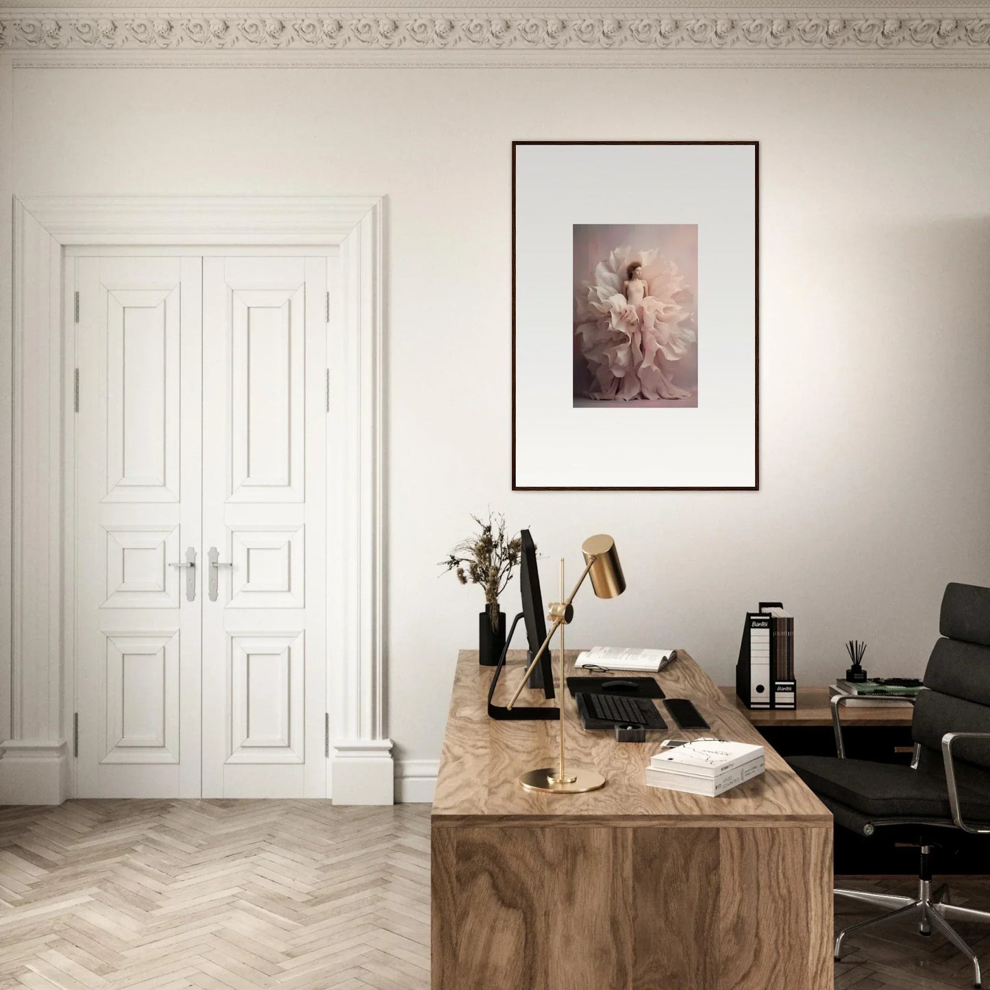 Wooden desk with vintage typewriter and office accessories for Ethereal Silence Blossoms