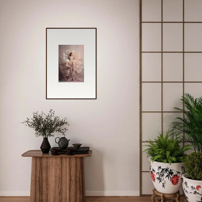 Framed black and white photo on a light wall showcasing Ethereal Silence Blossoms