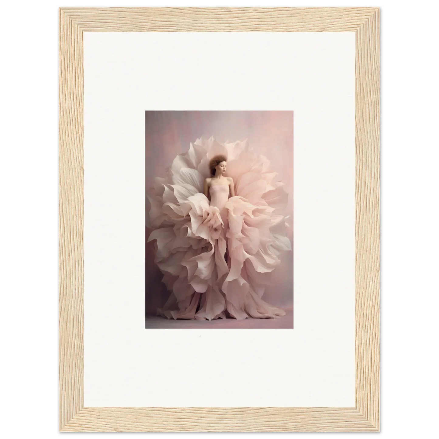 Dancer in white fabric forming a flower shape for Ethereal Silence Blossoms art