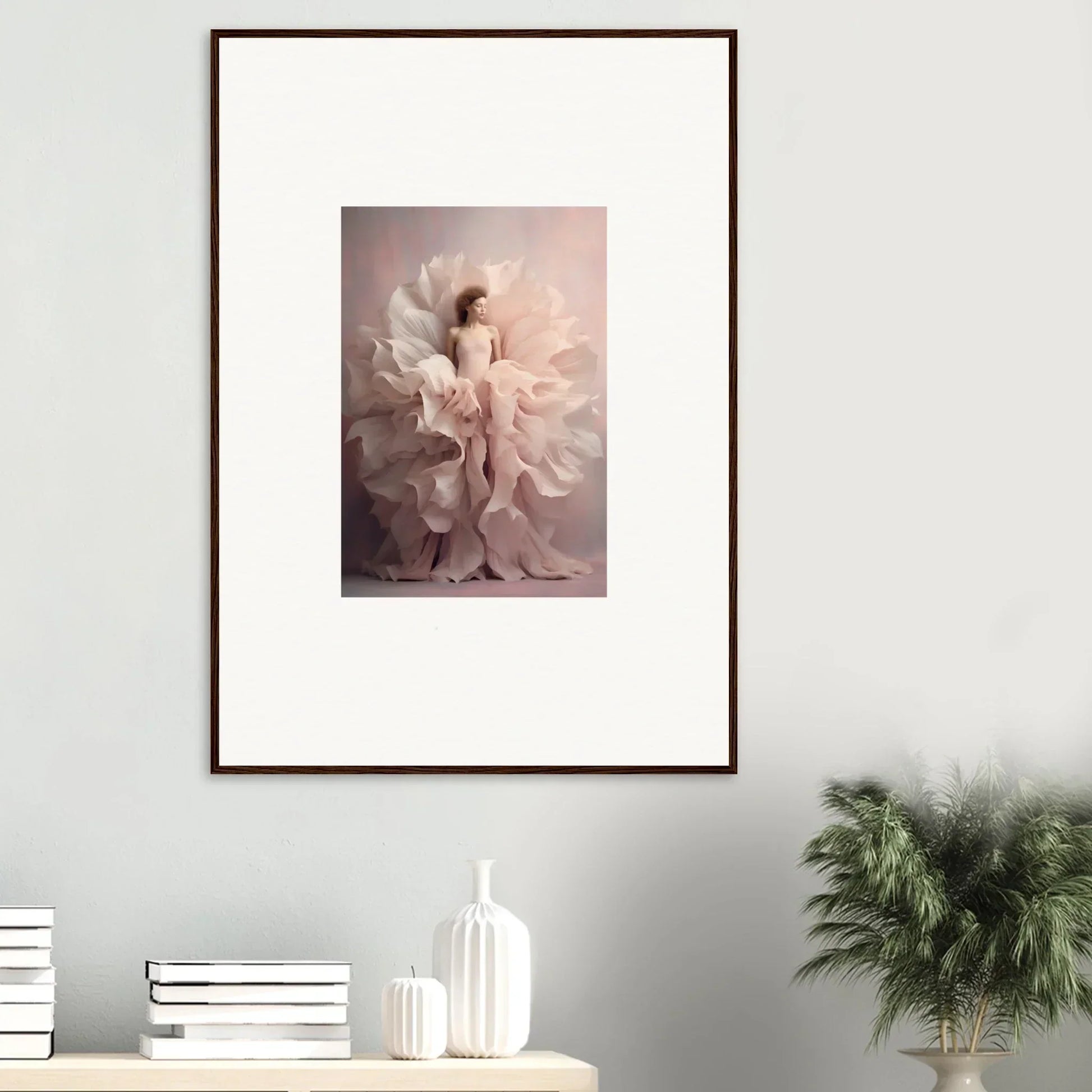 Framed Ethereal Silence Blossoms artwork with a figure draped in soft, white fabric