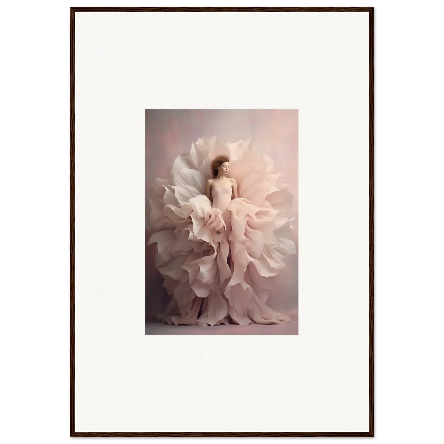 Ethereal Silence Blossoms art featuring a figure in flowing white fabric like petals