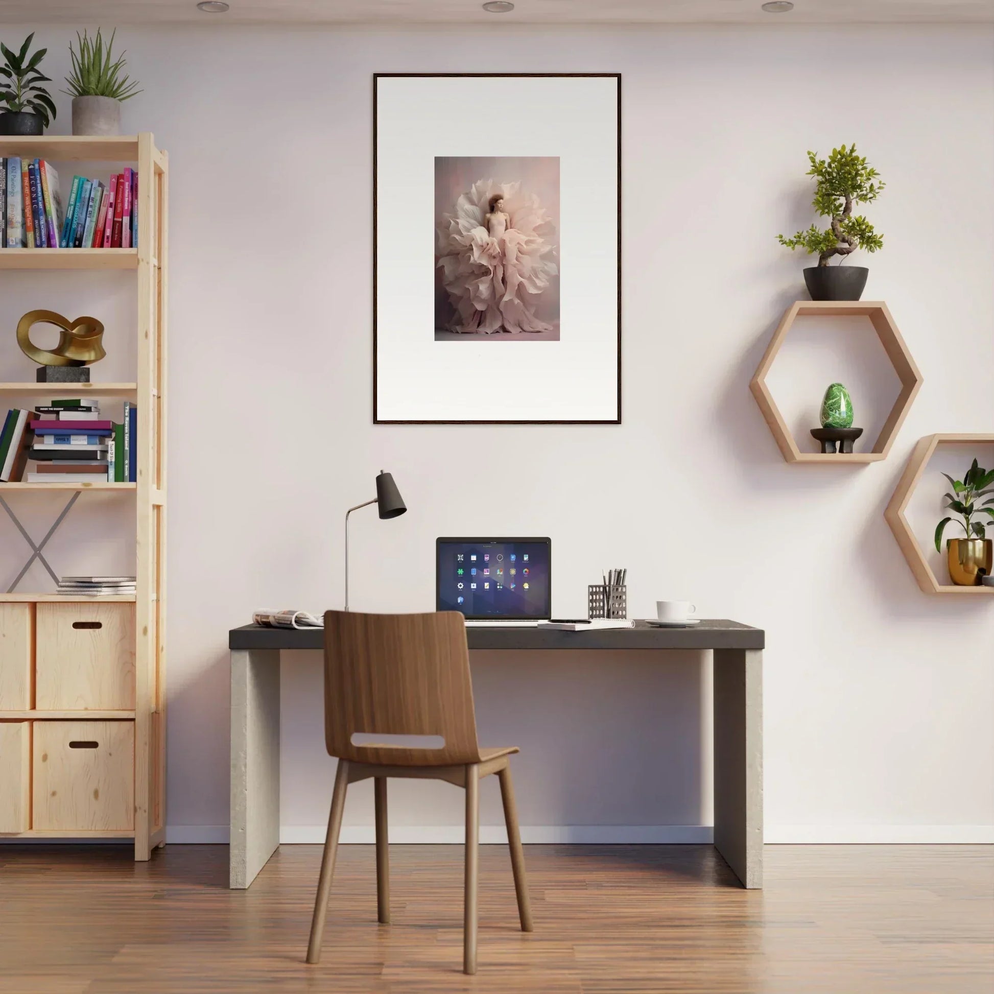 Simple desk workspace with a wooden chair and tablet for Ethereal Silence Blossoms