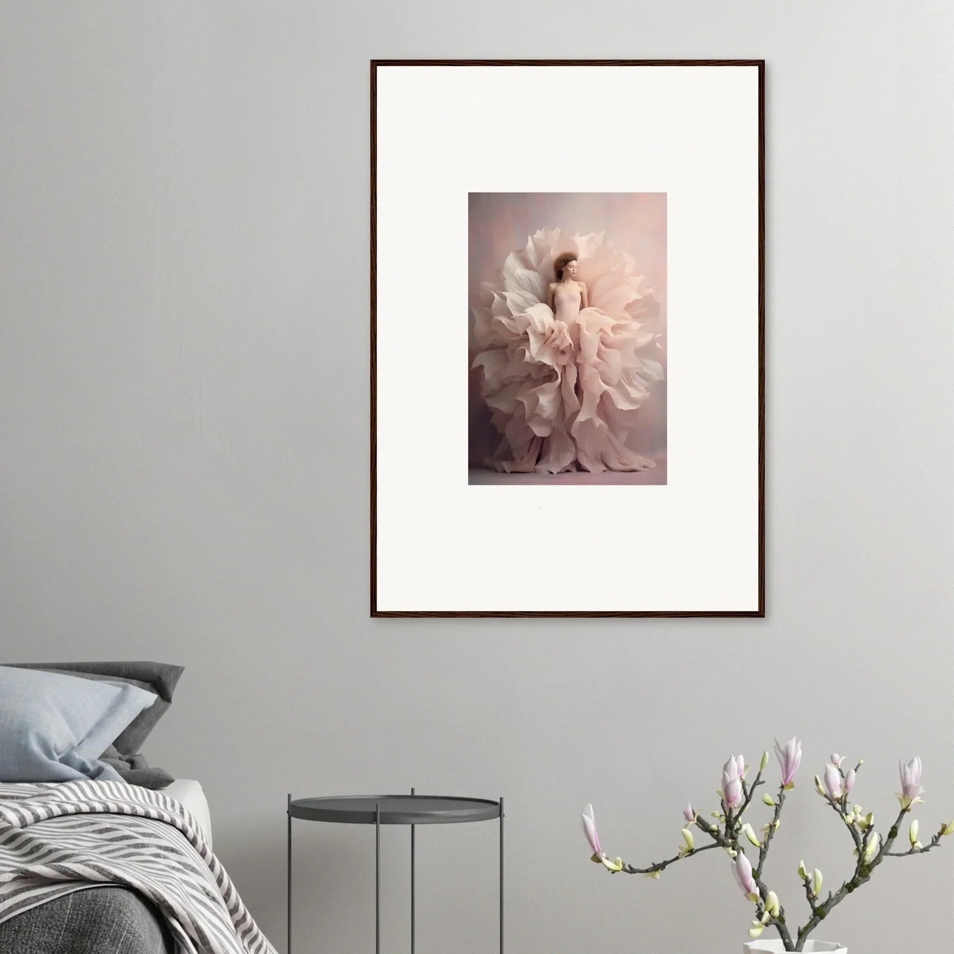 Framed artwork of Ethereal Silence Blossoms with a figure in soft pink flowing fabric