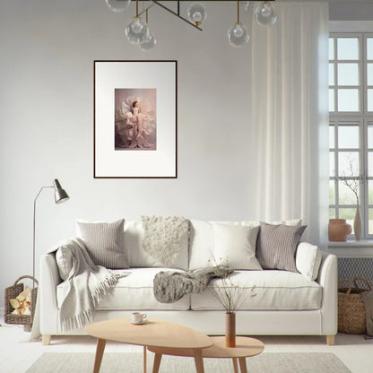 White upholstered sofa with gray pillows and blankets from Ethereal Silence Blossoms