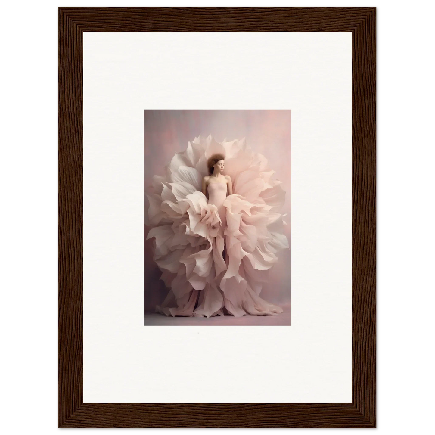 Dancer in white fabric forms a flower silhouette for Ethereal Silence Blossoms art™