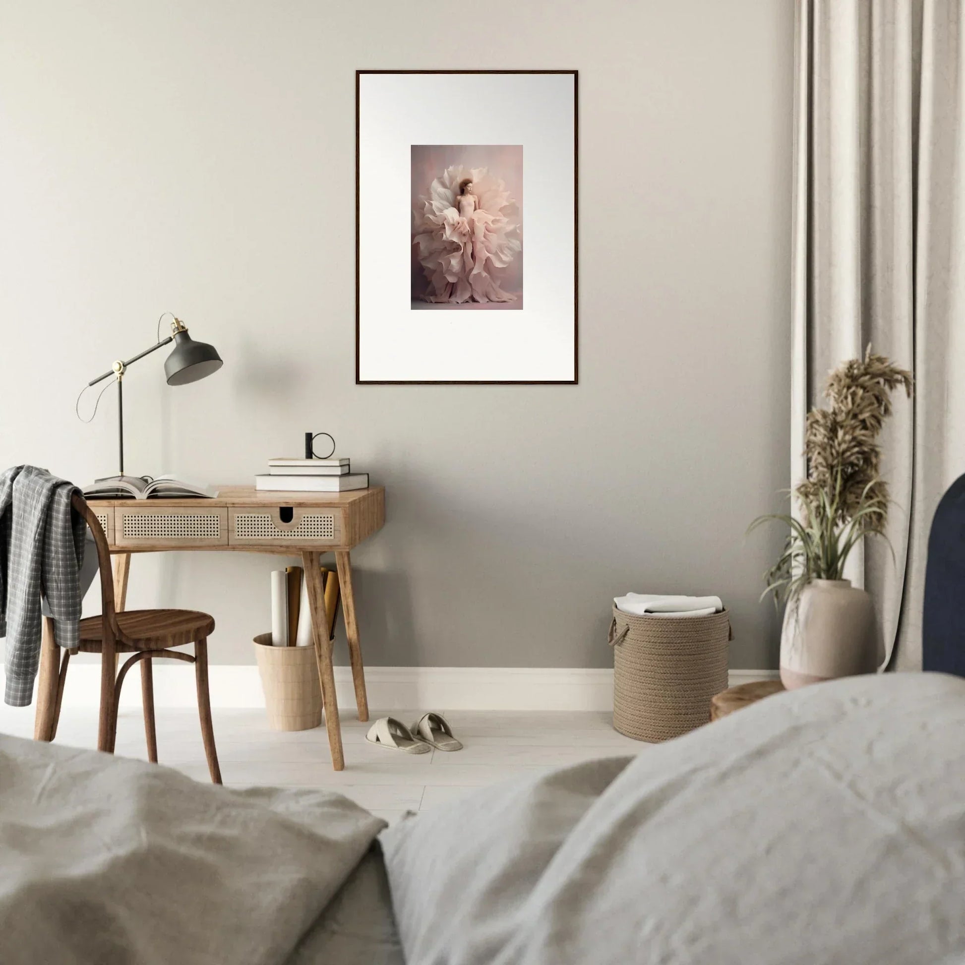 Wooden desk with a lamp and Ethereal Silence Blossoms art for a cozy vibe