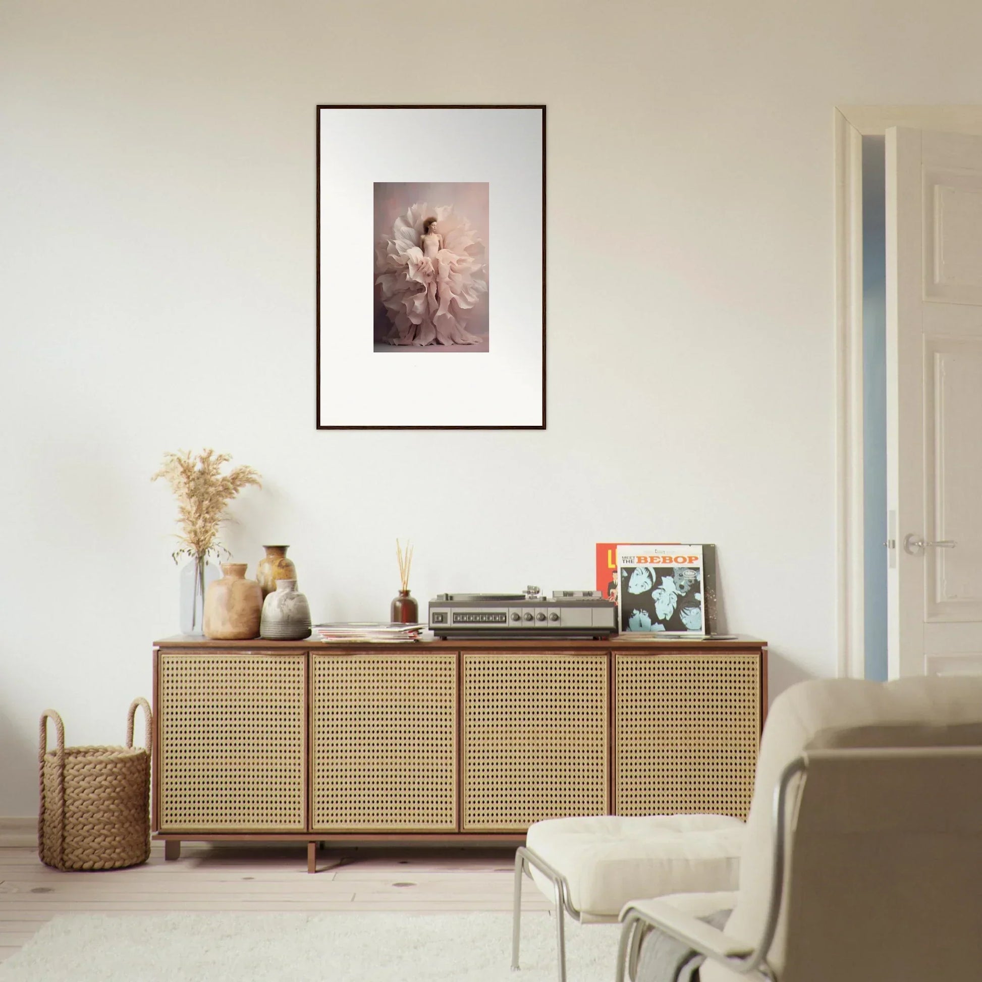 Wooden credenza with cane webbing, part of the Ethereal Silence Blossoms collection