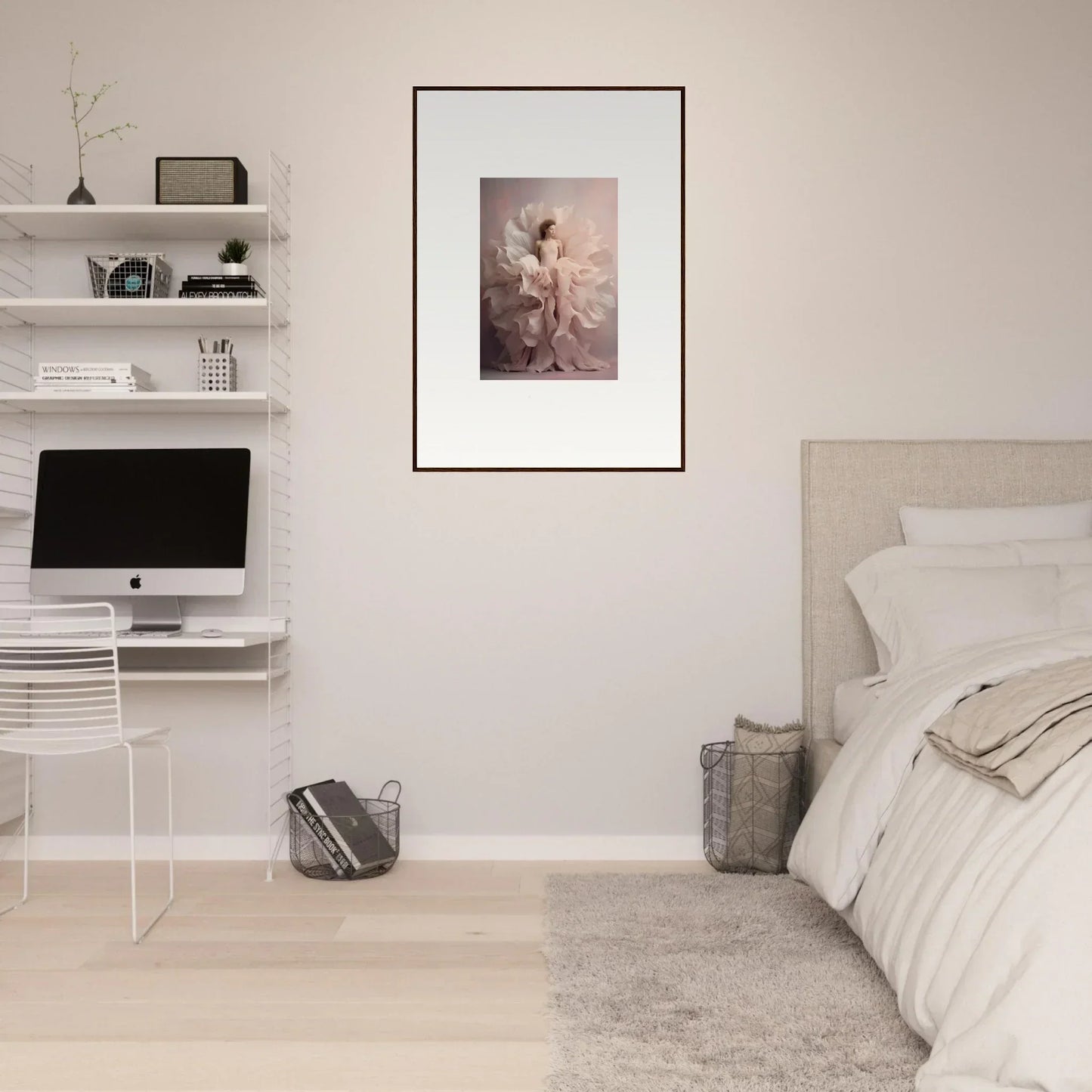 Minimalist bedroom with Ethereal Silence Blossoms art, iMac, and white shelves