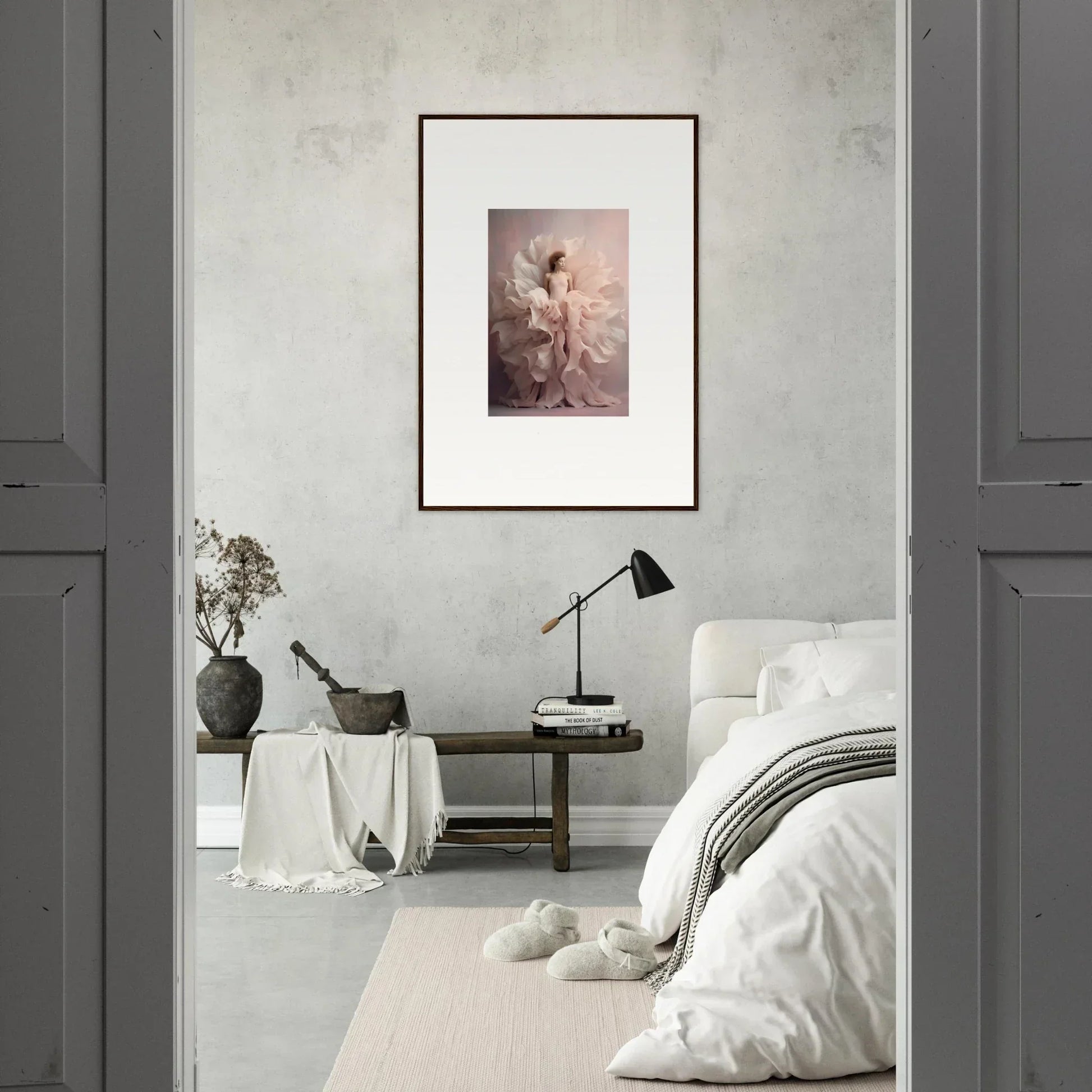 Framed Ethereal Silence Blossoms art print on a light gray wall, special edition art™