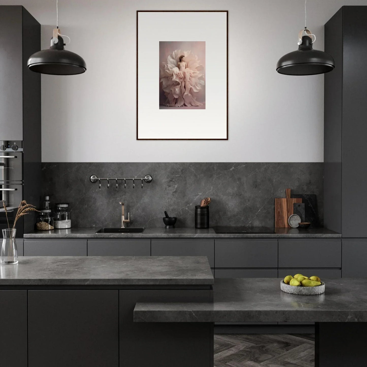 Modern dark grey kitchen featuring black pendant lights and Ethereal Silence Blossoms art