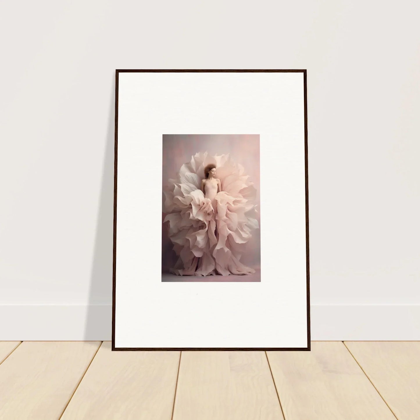 Framed art print of flowing figure on pink background from Ethereal Silence Blossoms