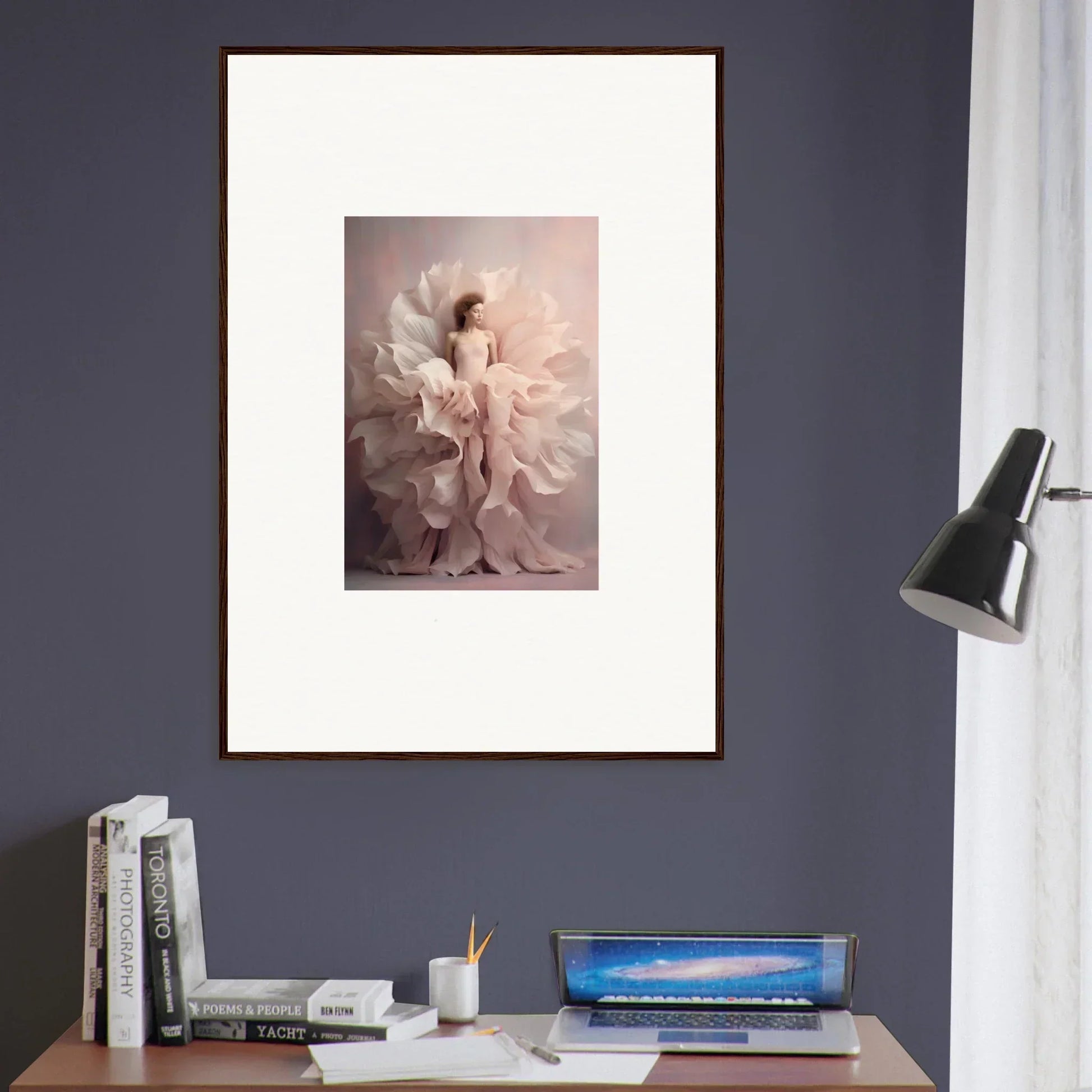 Framed Ethereal Silence Blossoms print with a figure in soft pink flowing fabric