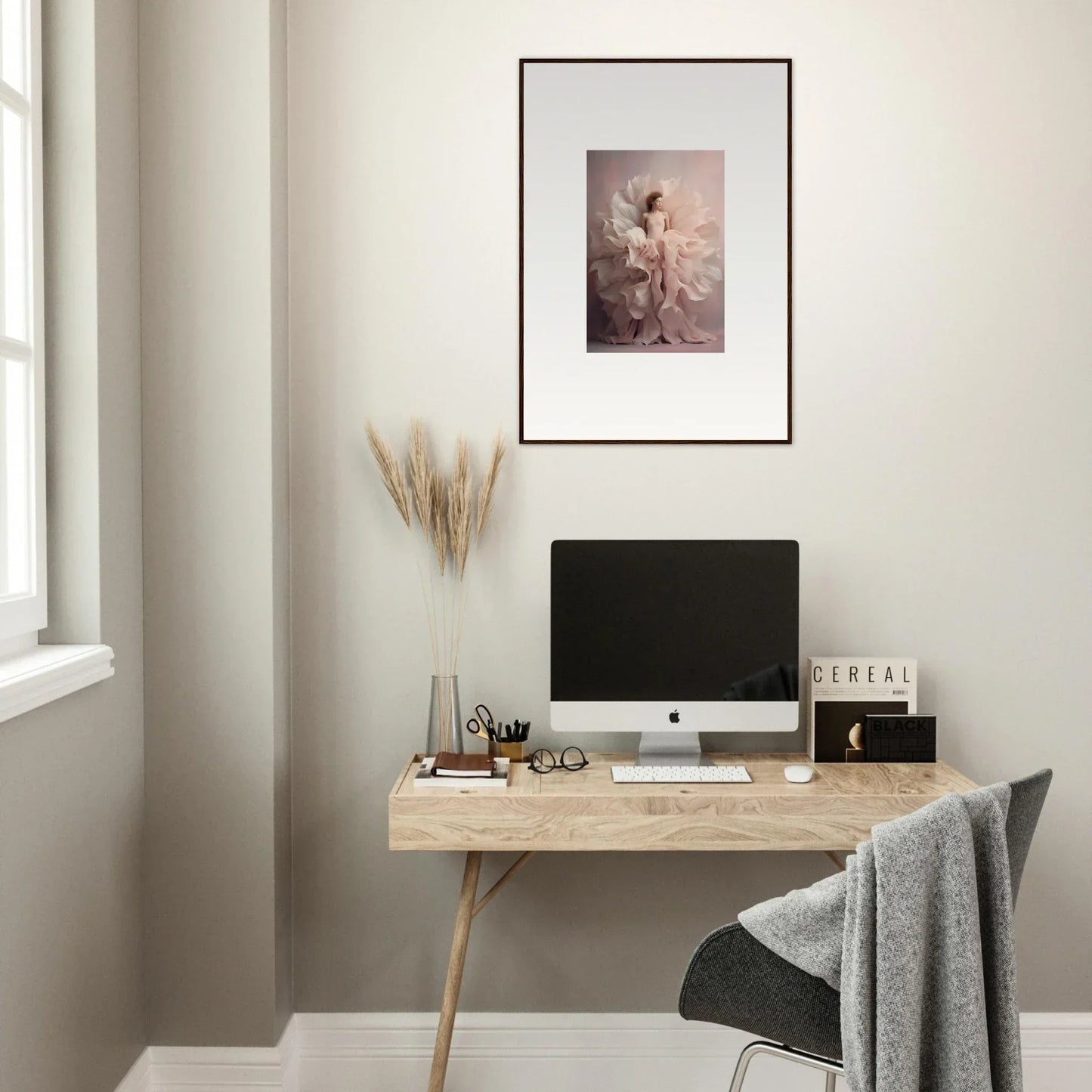 Minimalist wooden desk with iMac and decor featuring Ethereal Silence Blossoms