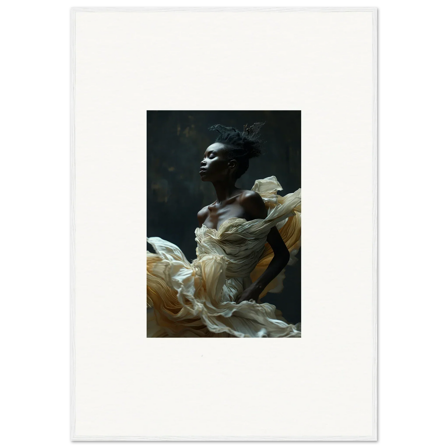 Dramatic portrait of a person draped in flowing white fabric against a dark background.