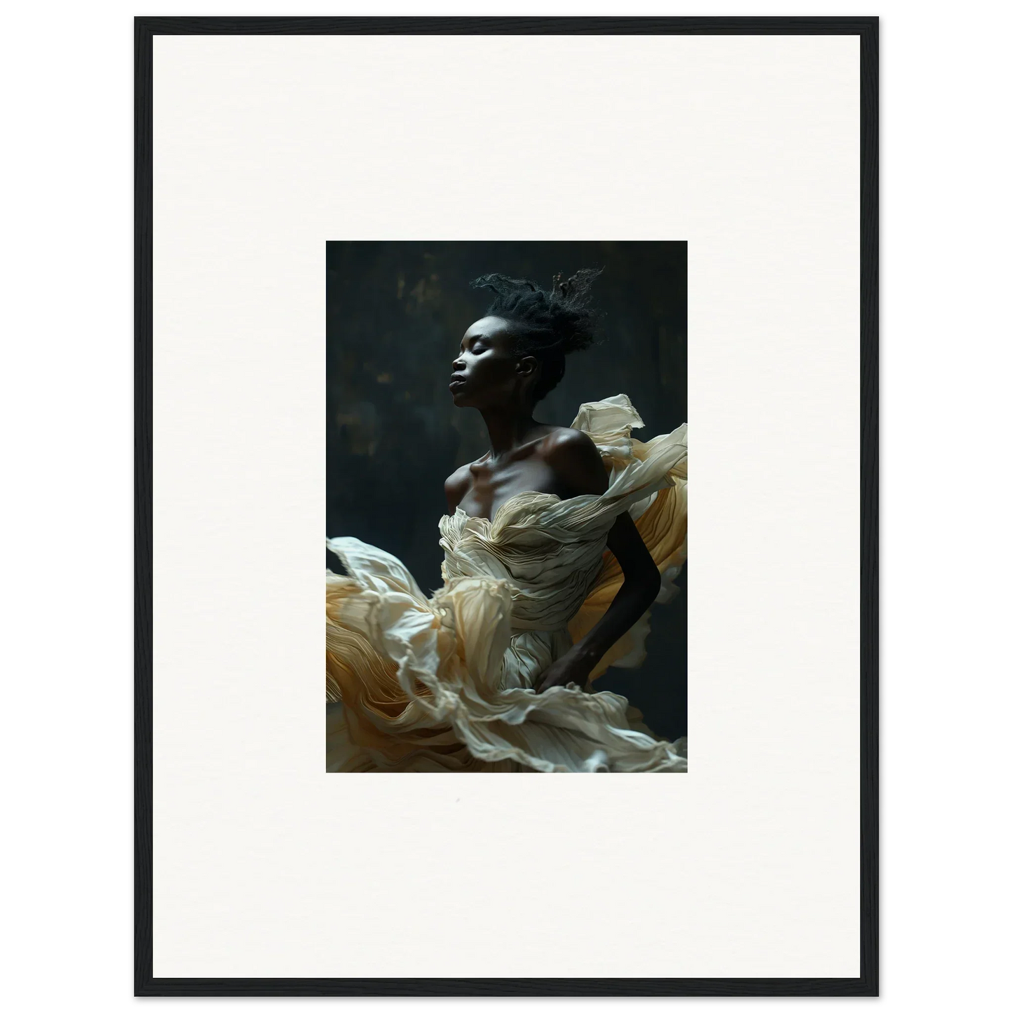 Portrait photograph of a woman with dark skin wearing flowing white fabric against a dark background.