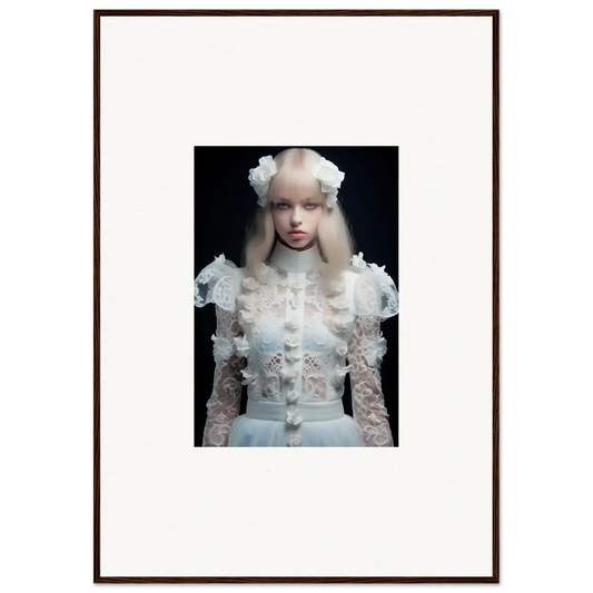 Framed photograph of a person wearing an ornate white lace outfit with a matching headdress.