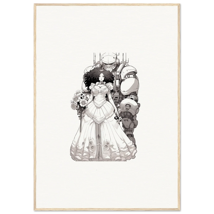 Black and white illustration of a bride and groom for Steel Reverie framed wall art