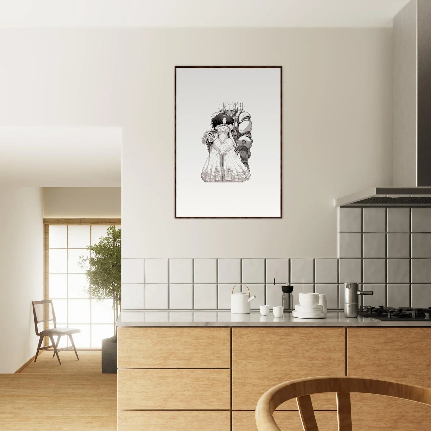 Modern kitchen featuring wooden cabinets, tiled backsplash, and framed wall art for Steel Reverie