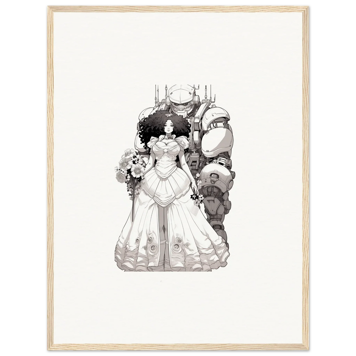 Black and white illustration of a bride with armored figure, ideal for Steel Reverie room decor