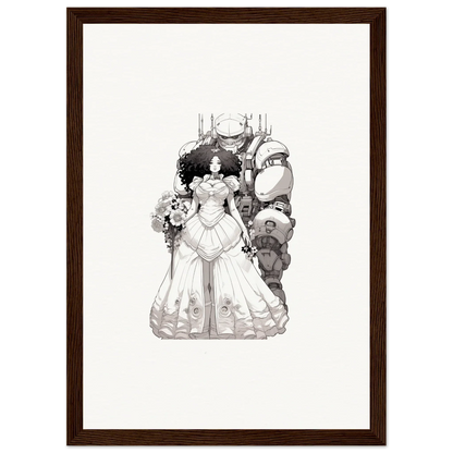 Bride in white gown with fantastical creatures, perfect for Steel Reverie room decor