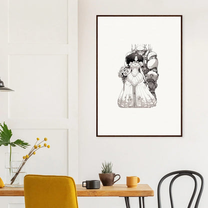 Framed black and white illustration of a woman in an elaborate dress for Steel Reverie room decor