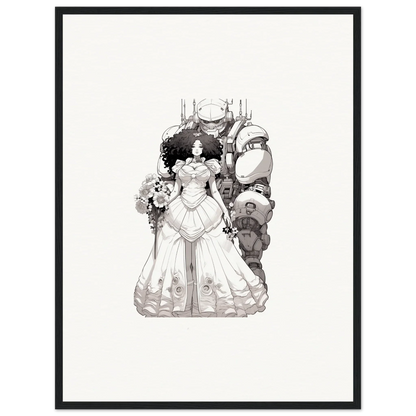 Black and white illustration of a bride with fantastical creatures for Steel Reverie room decor