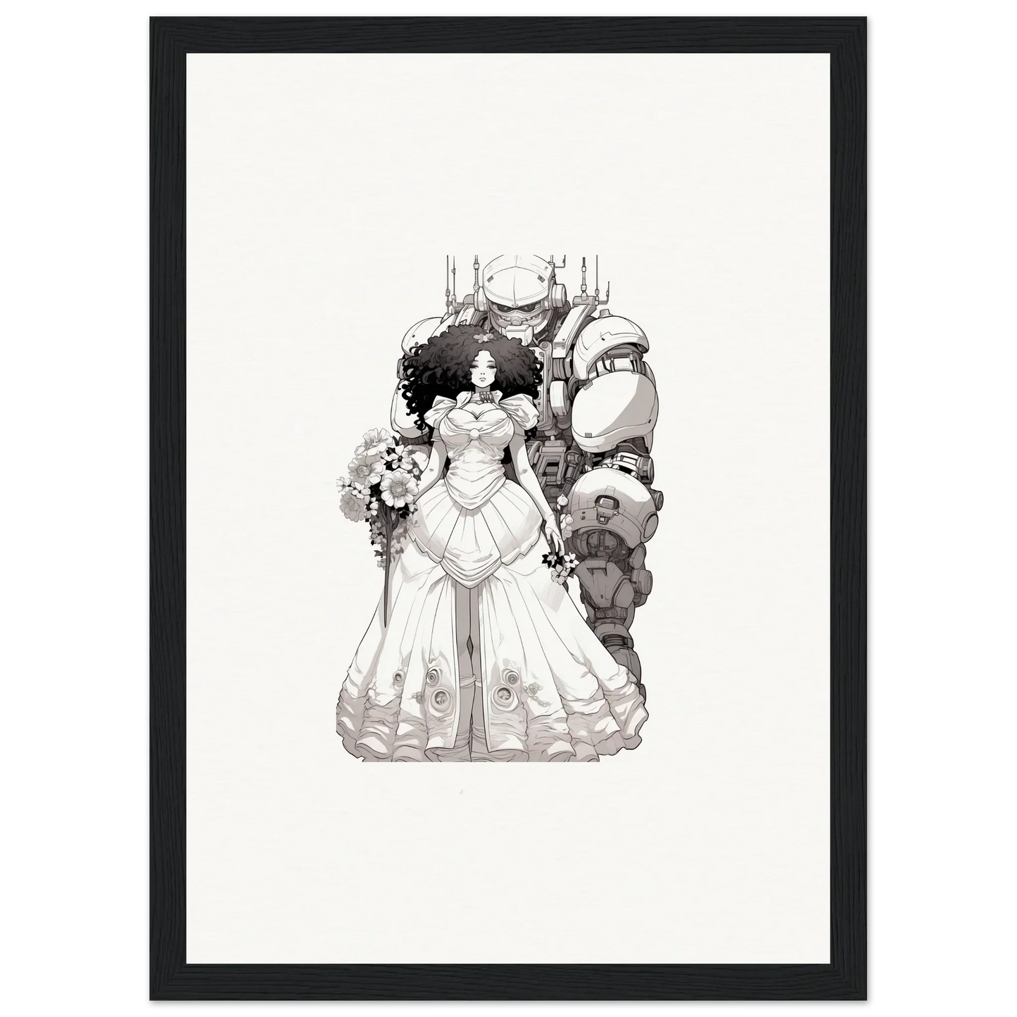 Bride in white gown with fantastical creatures, perfect for Steel Reverie wall art