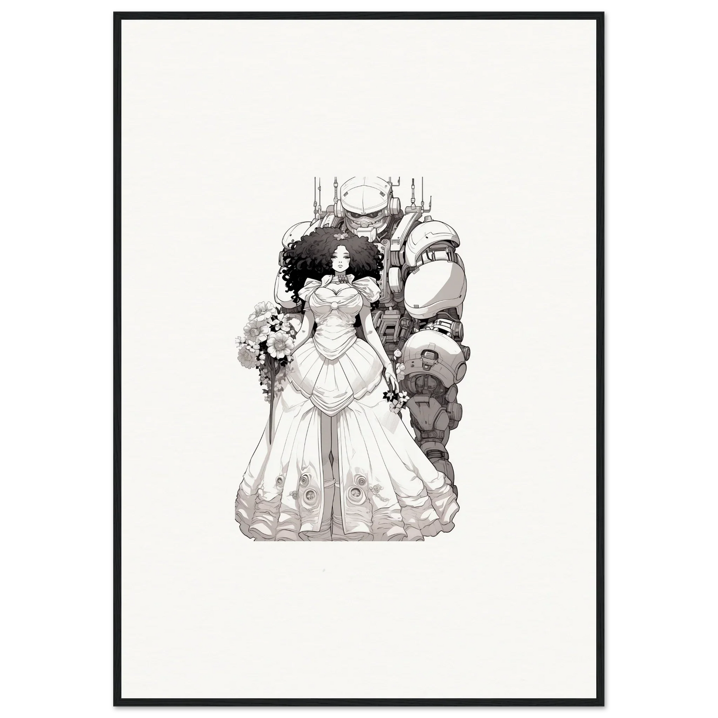 Bride in an elaborate gown with unique companions for Ethereal Steel Reverie wall art