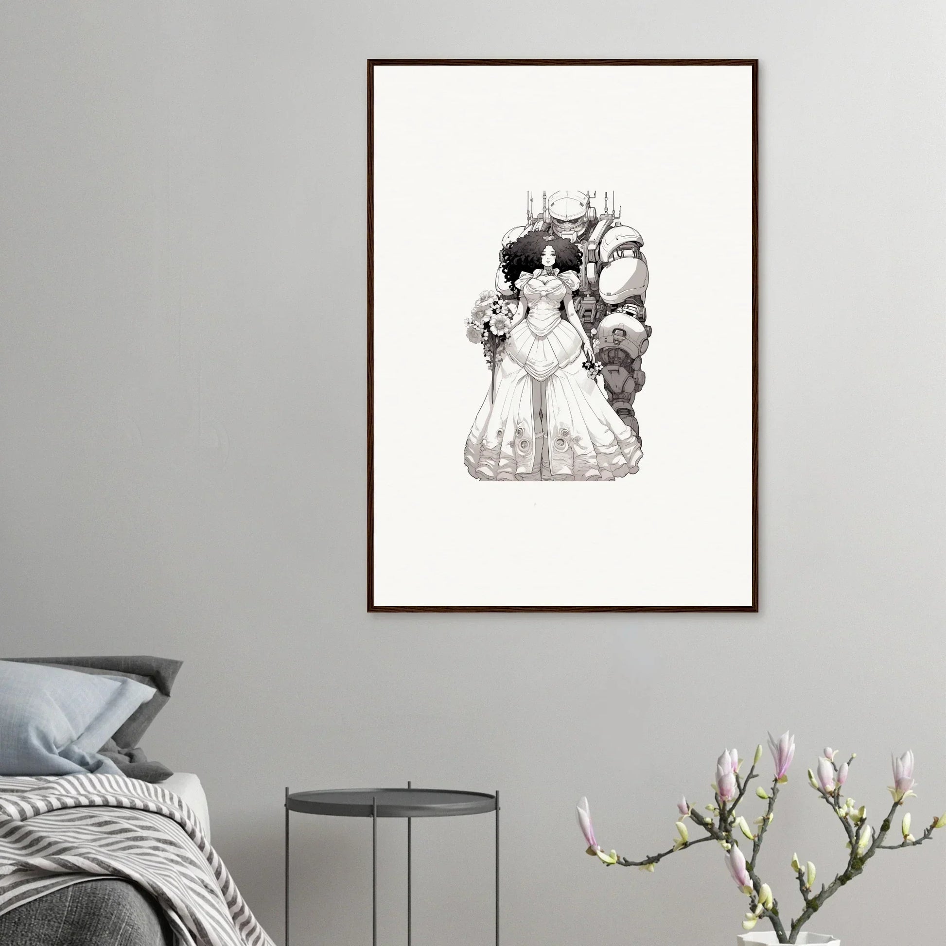 Black and white sketch of a bride in an ornate wedding dress for Steel Reverie room decor