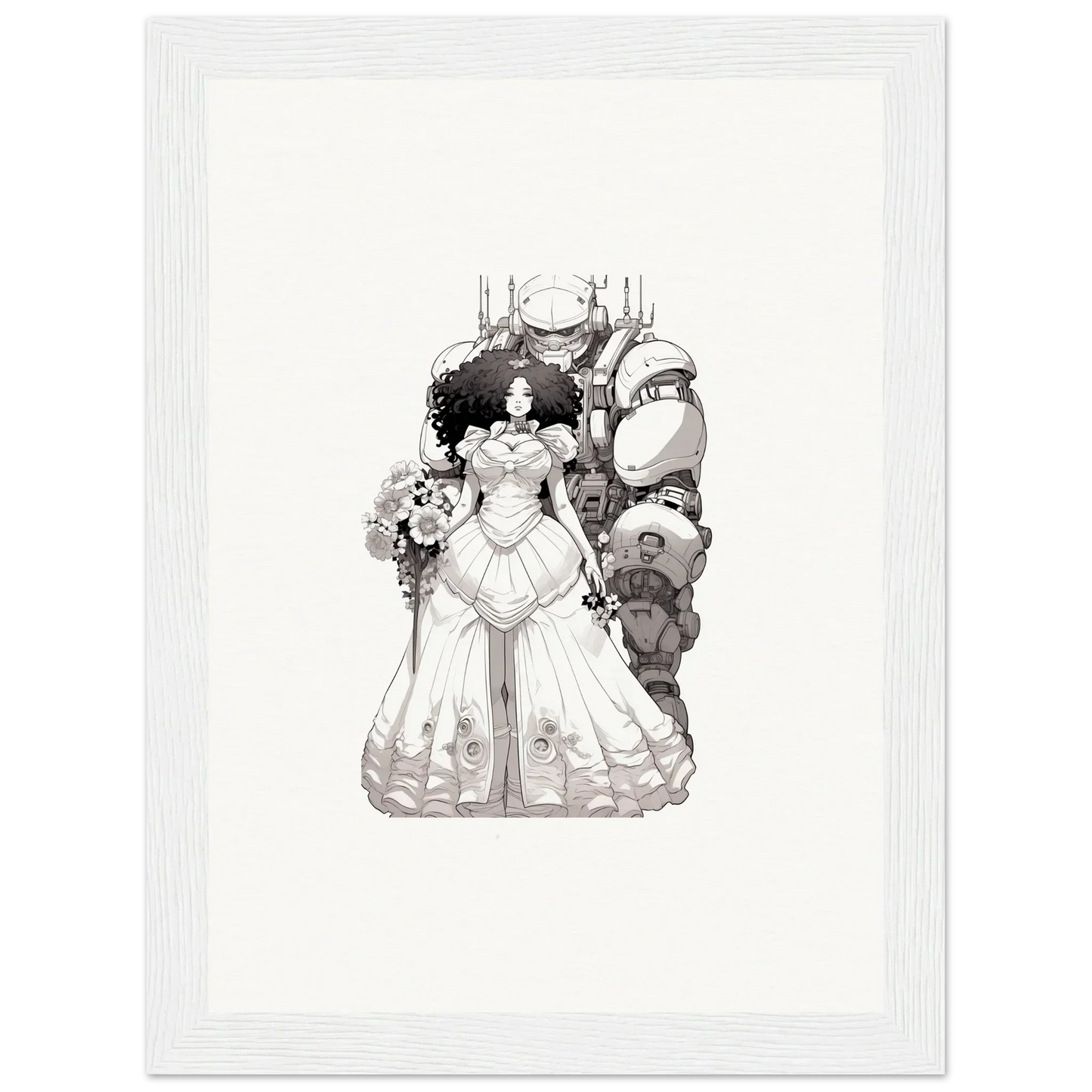 Black and white illustration of a bride in an elaborate gown for Steel Reverie wall art