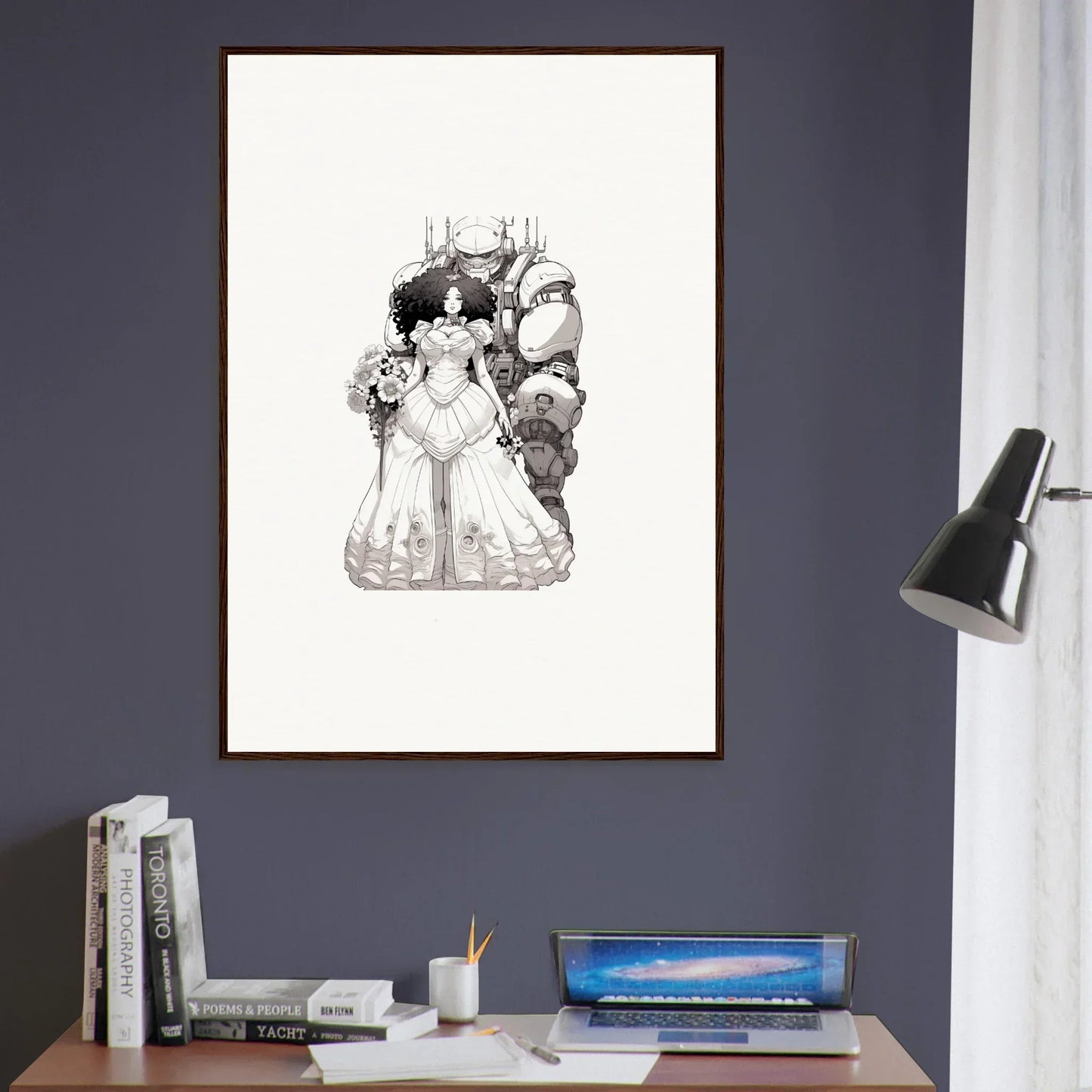 Framed black and white illustration of a figure with creatures, ideal for Steel Reverie room decor