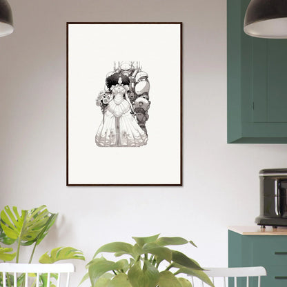 Framed black and white cartoon figures huddled together for unique Steel Reverie room decor