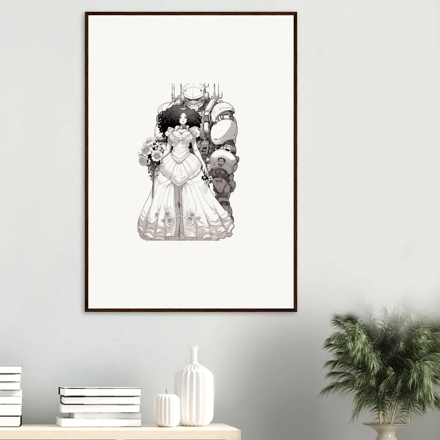 Black and white illustration of a woman in Victorian dress for Steel Reverie room decor