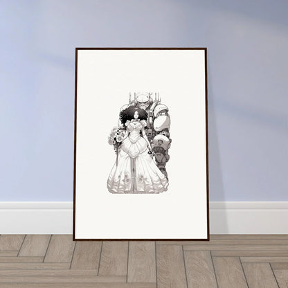 Framed black and white sketch of a bride and groom for Steel Reverie room decor