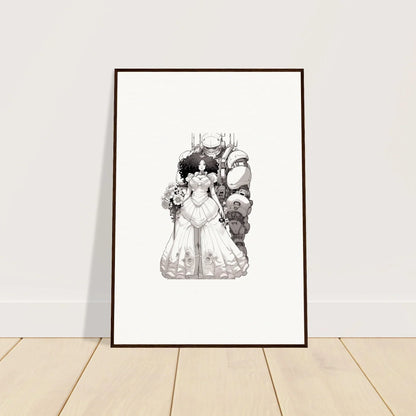 Framed black and white illustration of a bride and groom for elegant room decor, Steel Reverie