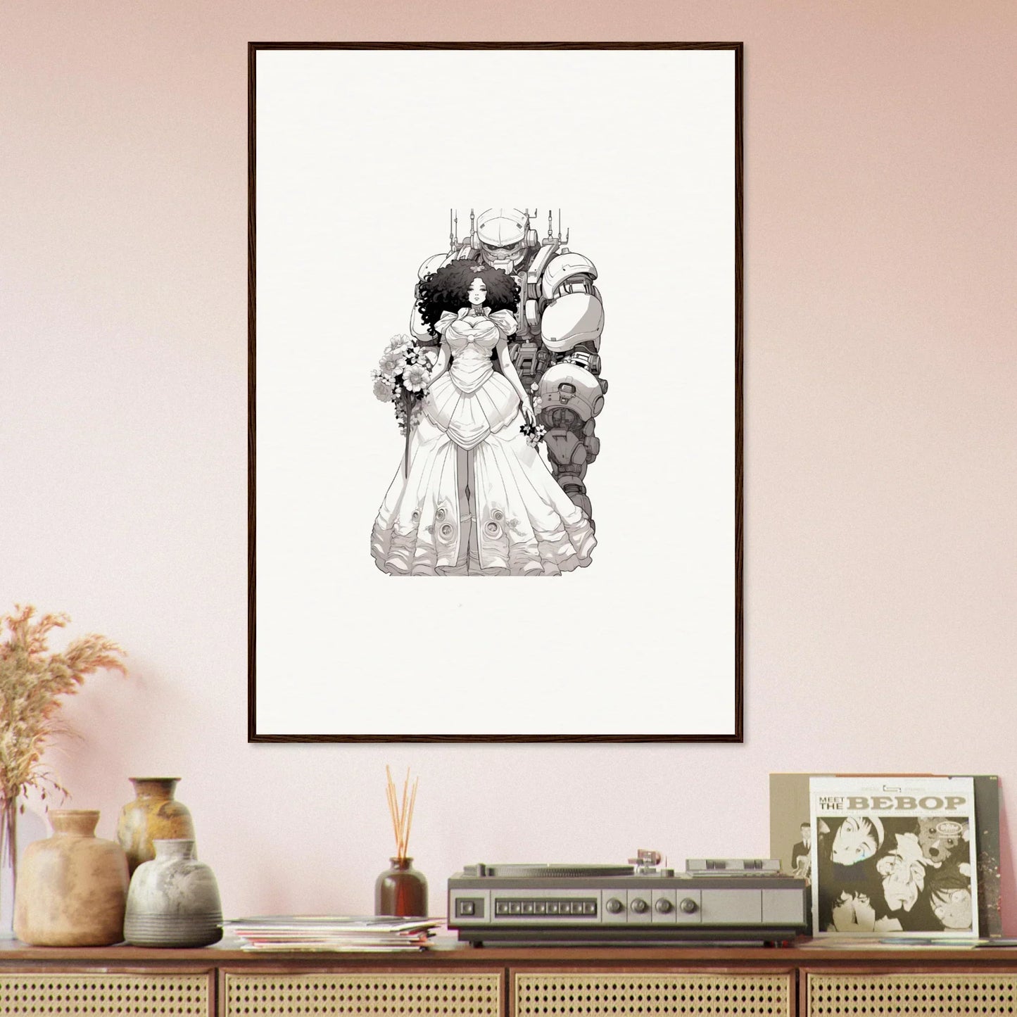 Black and white illustration of a bride in an elaborate dress for Steel Reverie wall art