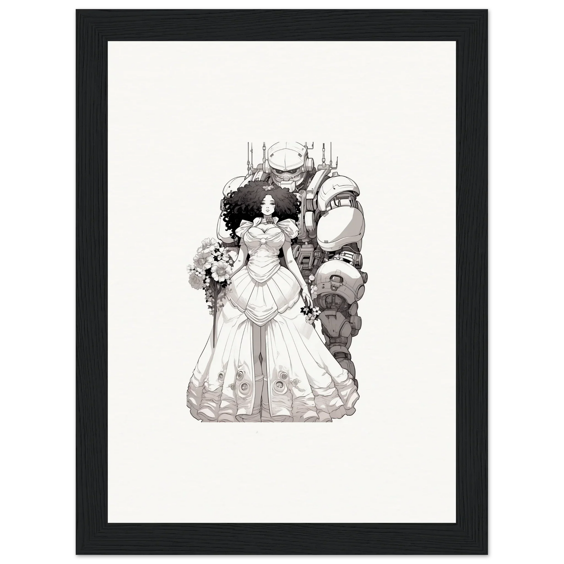 Black and white illustration of a bride in an elaborate gown, Ethereal Steel Reverie wall art