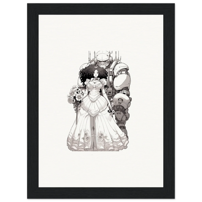 Black and white illustration of a bride in an elaborate gown, Ethereal Steel Reverie wall art