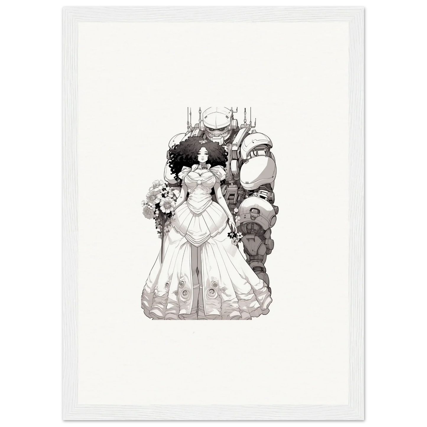 Bride in a white gown with fantastical creatures, perfect for Steel Reverie wall art