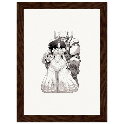 Black and white illustration of a bride in an elaborate gown for Steel Reverie room decor