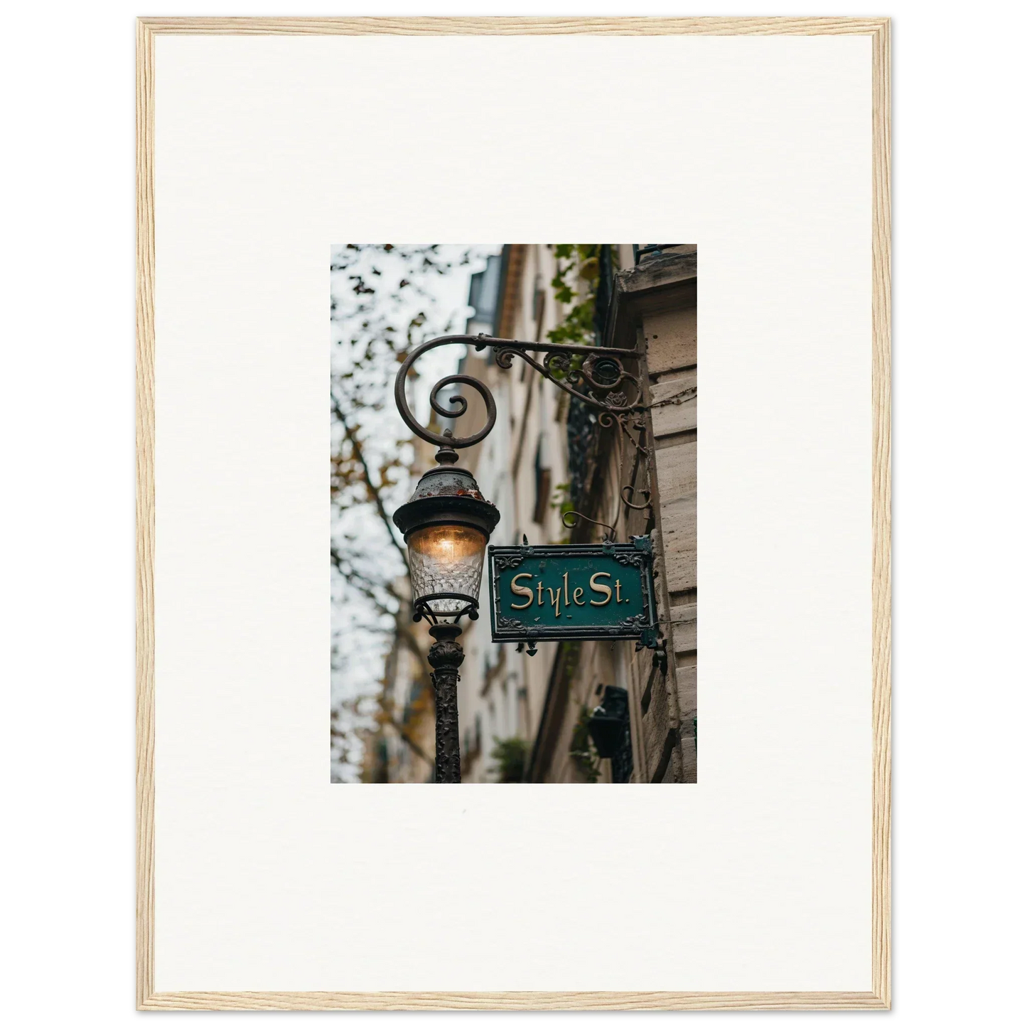 Ornate street lamp with green Style St sign for a cozy room decoration canvas print