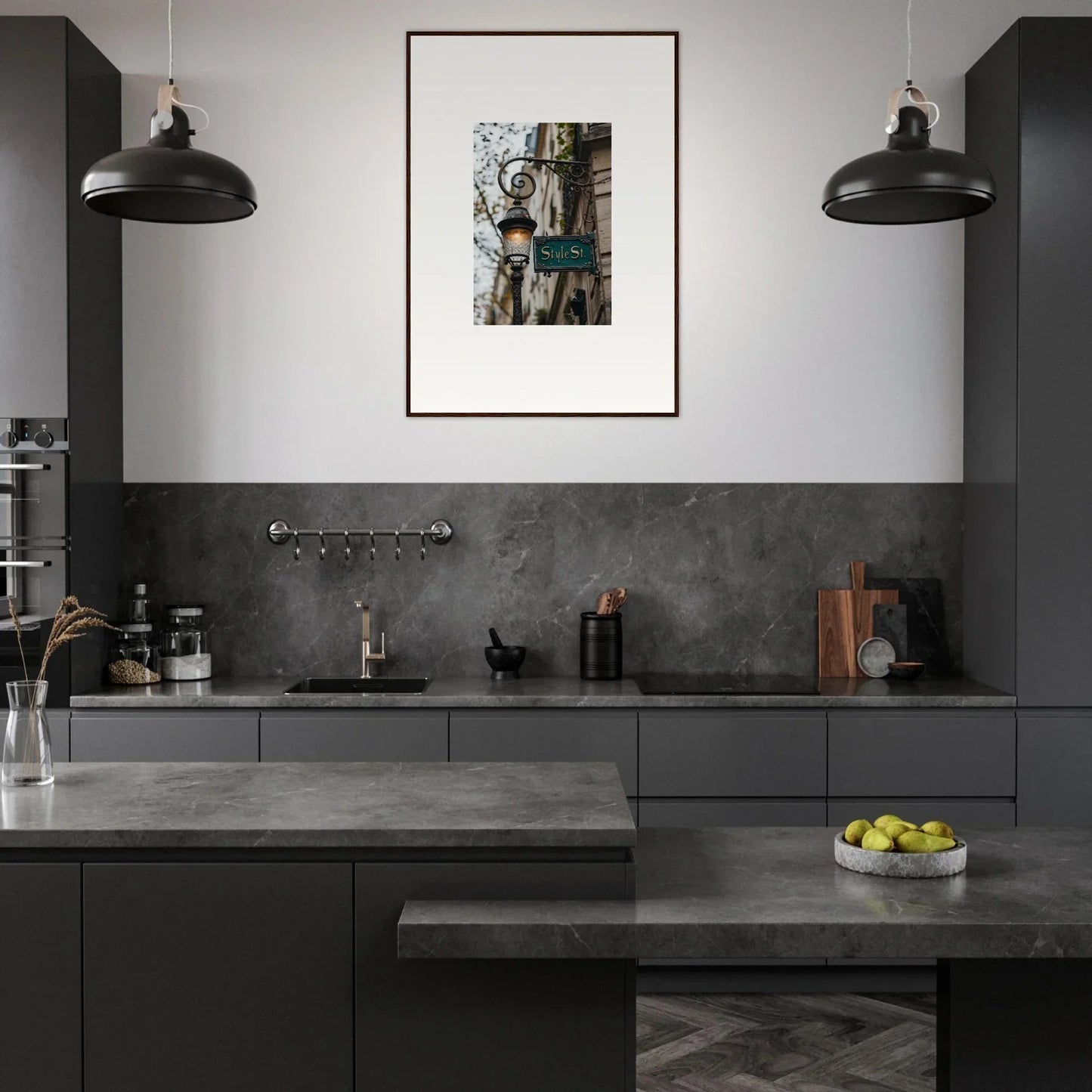 Modern kitchen with dark gray cabinetry, perfect for Street Whispers canvas print decor